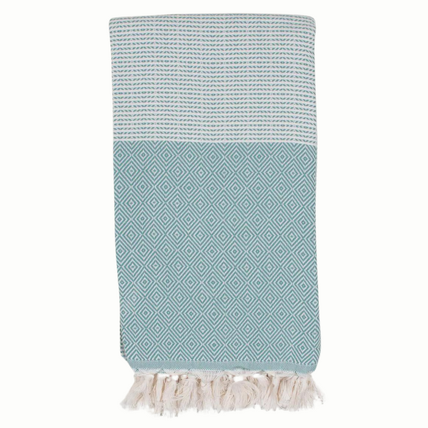 A cotton towel in a mint color with an intricate design and white fringe.