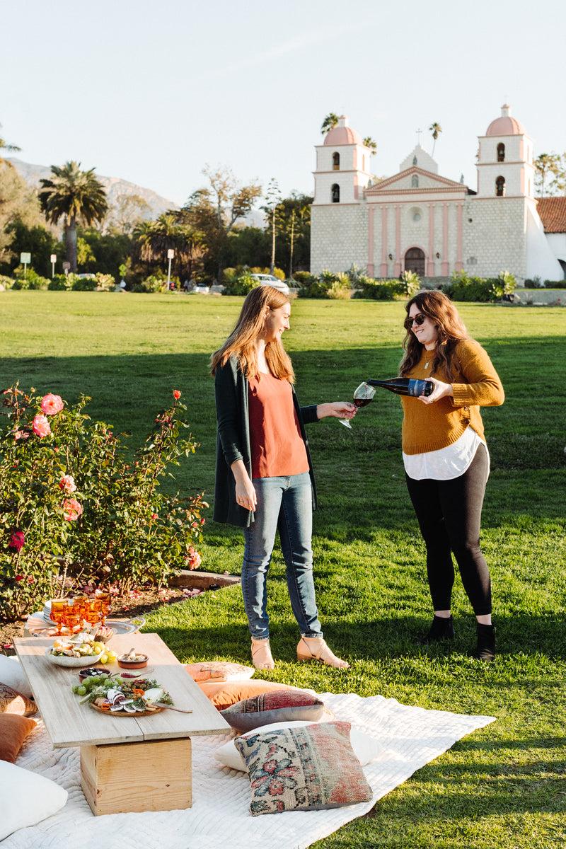 Alma Rosa Sta Rita Hills Pinot Noir enjoyed at the Mission Rose Garden in Santa Barbara